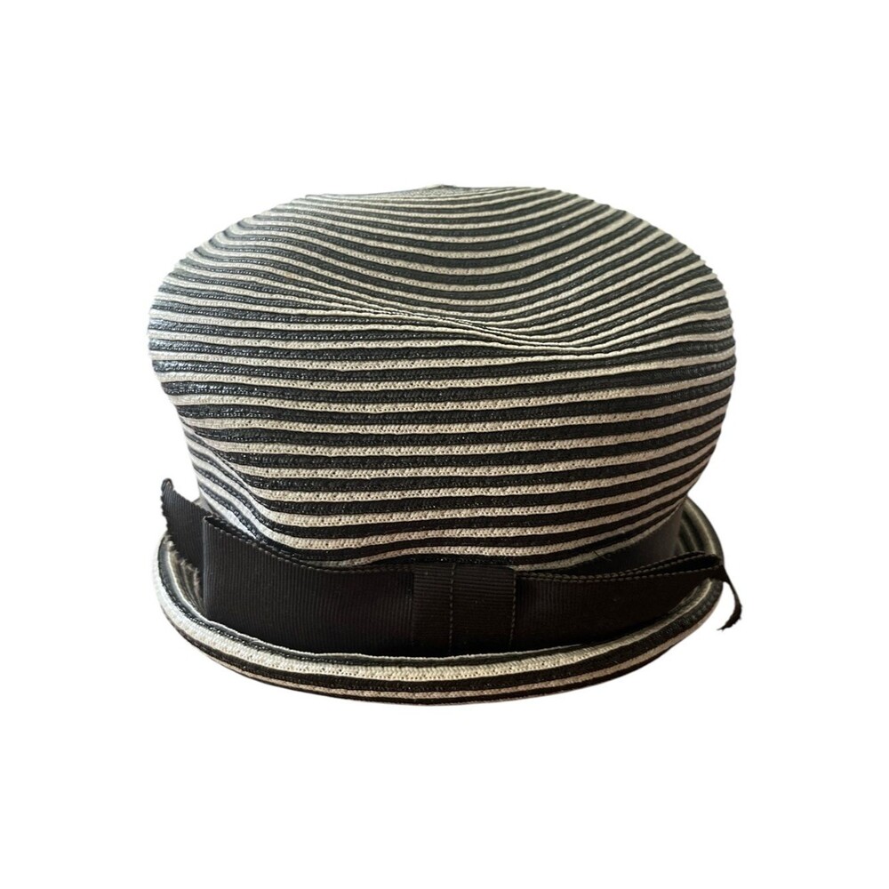 Vintage Chapeaux Louise Straw Derby Hat Black White Striped Ribbon Bow